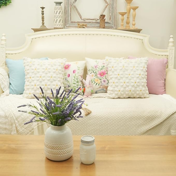 GEEORY Daisy Soft Plush Pillow Covers, 18 x 18 Inch Set of 2, Fluffy Faux Fur Wool Decorative Farmhouse Cushion Case for Sofa Home Decoration Cream GC030-18