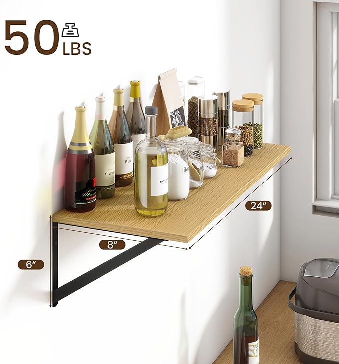 Fun Memories Deep Floating Shelves for Wall, 24W x 8D Wall Mounted Shelves Set of 2, Wide Display Ledge Shelf with Sturdy Metal Brackets for Living Room, Bathroom, Bedroom and Kitchen, Oak