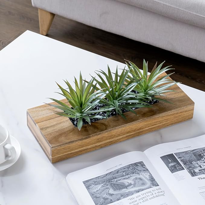 MyGift 15 Inch Large Artificial Green Grass Plants in Premium Acacia Solid Wood Decorative Planter, Tabletop Faux Greenery Decor with Wooden Rectangular Container