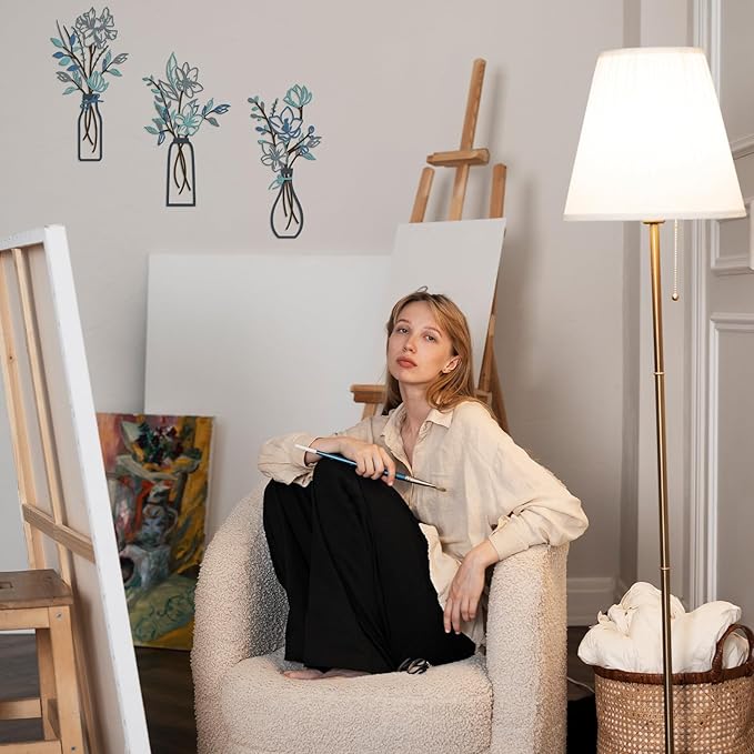 ARTINME 3 Pieces Metal Flowers Wall Arts - Rustic Farmhouse Decor Minimalist Flower Wall Decors for Living room Bathroom Kitchen Bedroom Dining Room - Housewarming Gifts (Blue)