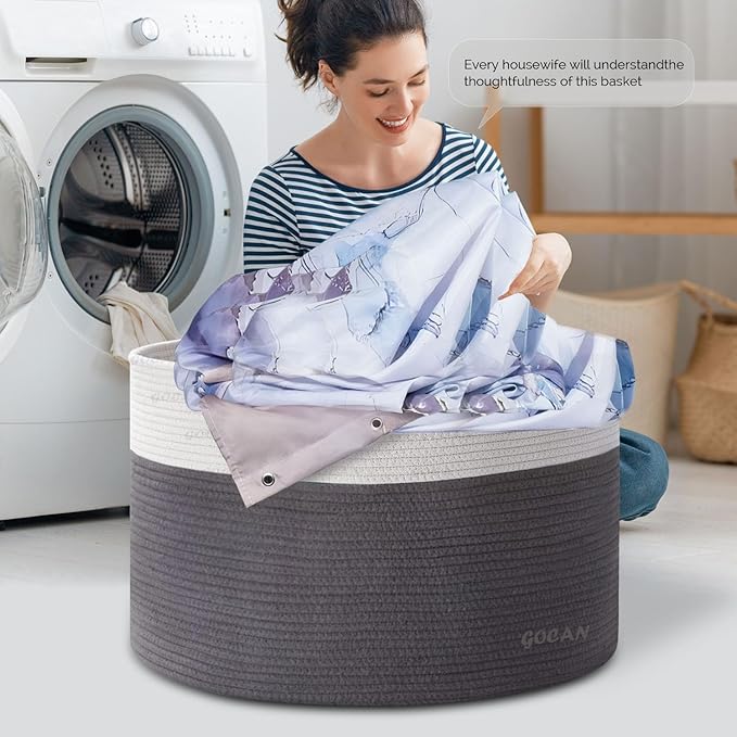 Extra Large Laundry Basket toy storage 22"X22"X14" blanket basket Cotton Rope Woven Baskets with Handles for Living Room (Grey/Beige) XXXL