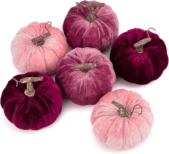 Briful Fall Pumpkins Decoration for Home, 6PCS Velvet Fake Pumpkin Decor for Autumn Harvest Thanksgiving Halloween Party Baby Shower Table Centerpiece Mantel Decoration(4 Inch, Purple/Burgundy/Pink)