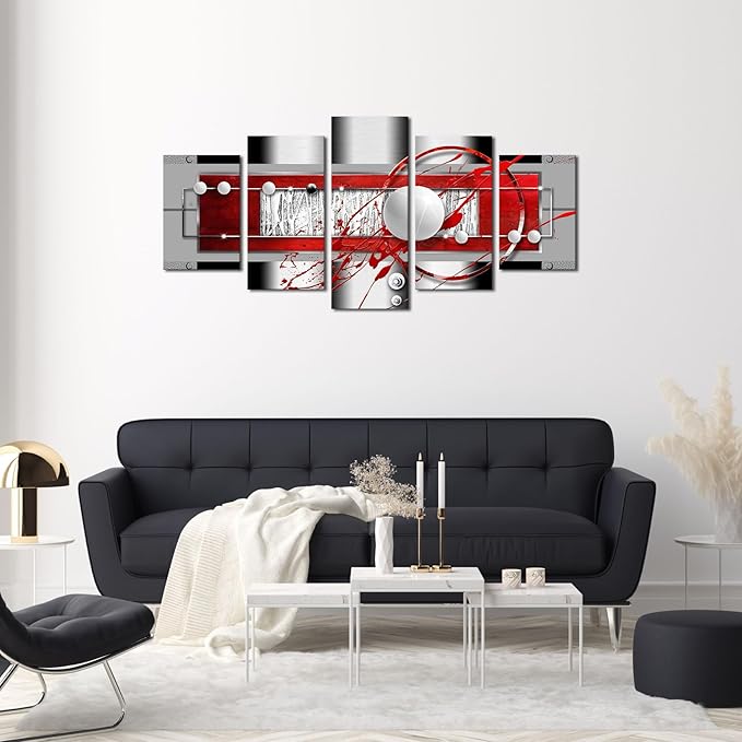 AWLXPHY Decor Abstract Canvas Wall Art Red Black Grey for Living Room Decor 5 Pieces Framed Painting Modern Simple Circle Round Line HD Print Artworks Giclee(White, W40 x H20)