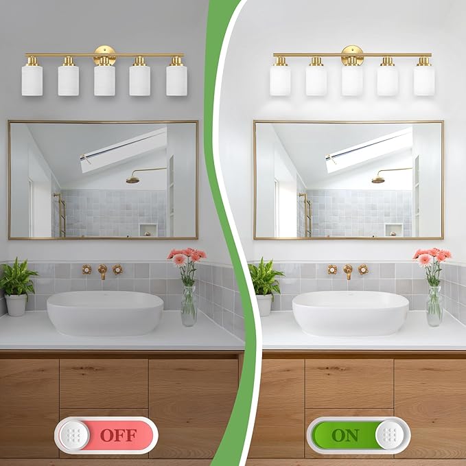 5-Light Vanity Lights, Brushed Gold Bathroom Light Fixture with Striped Textured Milky White Glass Shade, E26 Modern Vanity Lighting Fixture for Bathroom Wall Sconce Light Over Mirror