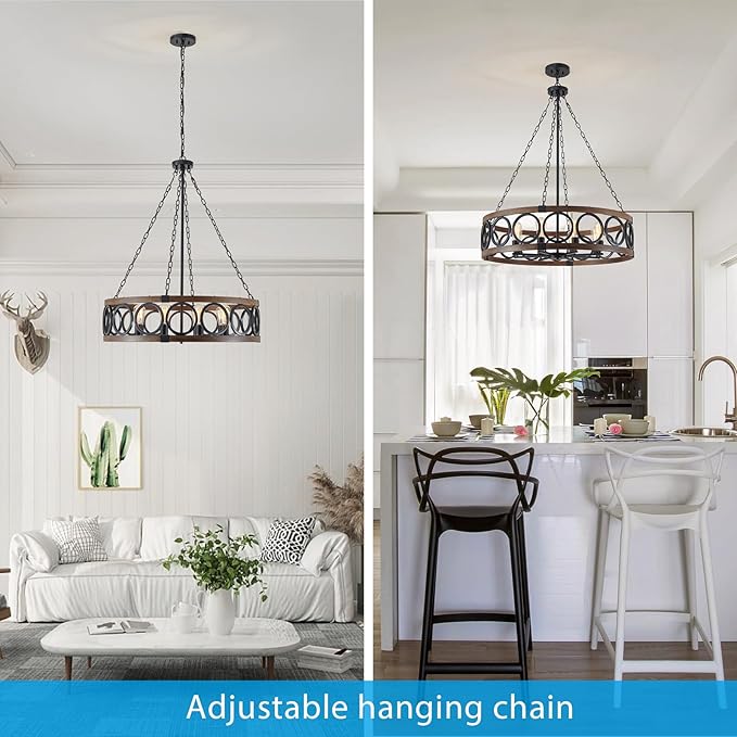 XINGQI 8 Lights Modern Farmhouse Chandelier Black 32.3" Large Drum Light Fixture Rustic Pendant Lighting for Living Room Dining Room Kitchen Island Bar Office, Round Metal Shade Wood Grain Finish