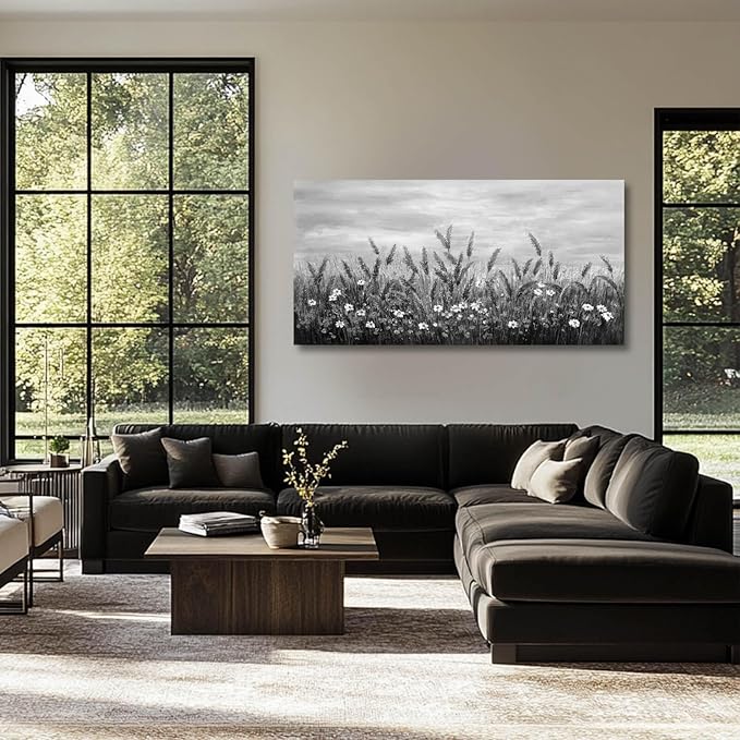 GAIDUOMAI Grey Landscape Wall Decor Lavender Flower Picture for Bedroom White Floral Artwork 24"x48" Nature Wall Art for Dining Room Kitchen