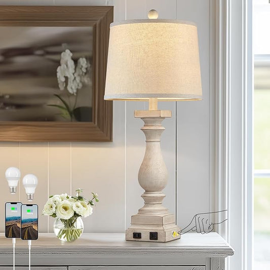 28" Tall Farmhouse Table Lamps with USB C+A Ports and AC Outlet, 3 Way Touch Control Rustic Bedside Lamps for Bedroom, Beige Vintage Nightstand Lamps for Living Room Office
