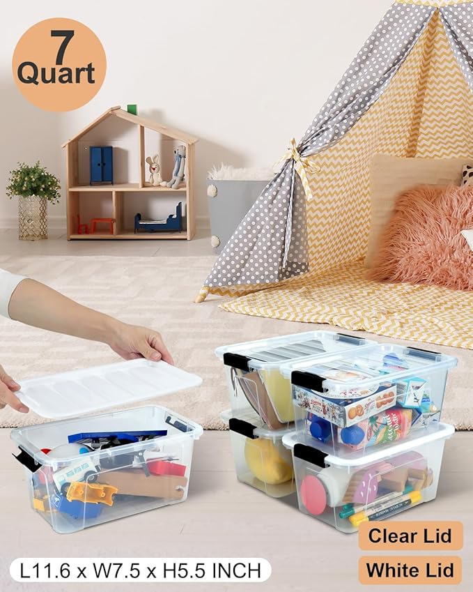 Plastic Storage Bins with Lids 6 Pack, 7 Quart Storage Containers with Black Buckle Latch, Stackable Storage Containers for Home Pantry Office Classroom Organization, White