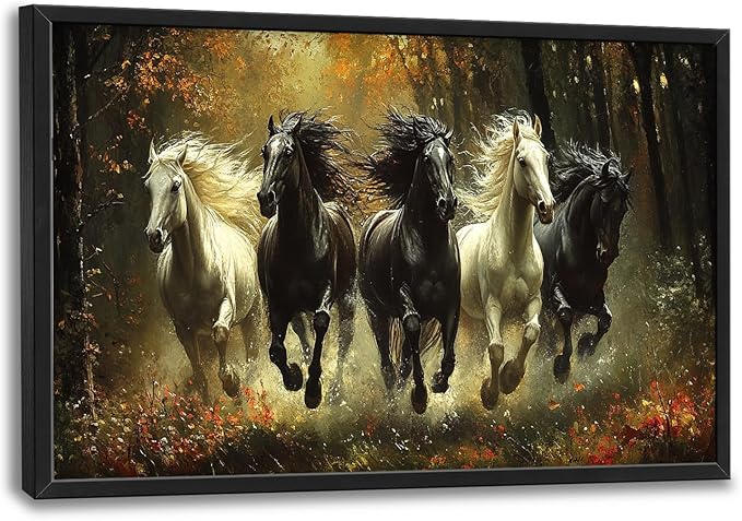 Olivine Horse Wall Art, Running Horses Pictures Wall Decor, Black And White Horse Paintings, Forest Landscape Canvas Prints, Framed Artwork for Bathroom Bedroom Living Room Office Home 36"x24"