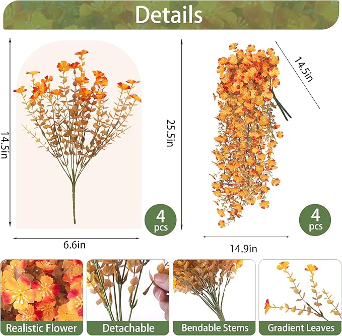 Agusbagli 8 Pcs Fake Hanging Fall Flowers for Outdoors UV Resistant Artificial Hanging Fall Eucalyptus Plants Faux Fall Flowers Decorations for Home Planter Porch Patio Garden Yard Window Fall Decor