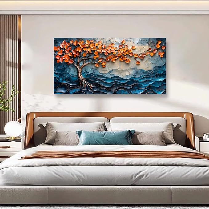 Tree of Life Canvas Wall Art Bedroom Wall Decor Living Room,Abstract Wall Art Office Kitchen Paintings Artwork Modern Blue Wave Leaf Pictures Art Prints Waterproof Ready to Hang-20x40inch