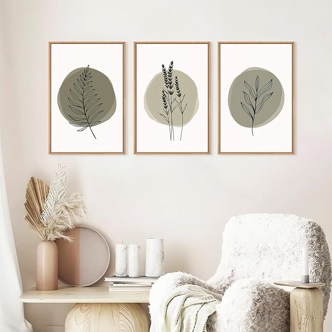 HOURIA Sage Green Leaves Framed Canvas Wall Art Set,Minimalism Boho Leaf Wall Decor, Modern Nature Botanical Wall Painting,Mid Century Plant Art Prints for Living Room,Bedroom,Farmhouse-24 x36 x3