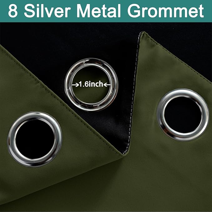 Yakamok Green 100% Blackout Curtains, Total Blackout Lined Curtain Panels for Bedroom, 2 Thick Layers Grommet Top Thermal Insulated Blackout Drapes for Living Room(52Wx63L, Olive Green, 2 Panels)