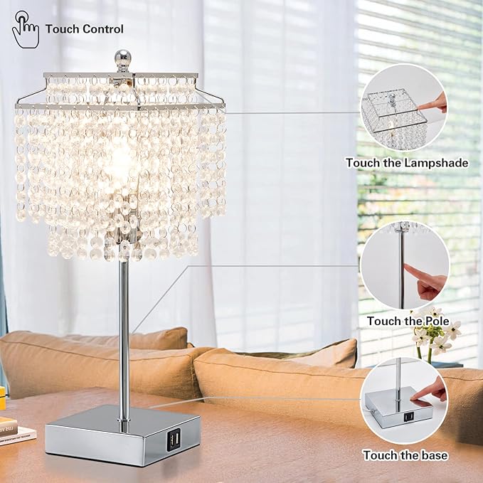 Luvkczc Crystal Table Lamp with Touch Control and USB for Bedside, 3-Way Dimmable with Crystal Shade for Bedroom, Living Room, 6W LED Bulb Included
