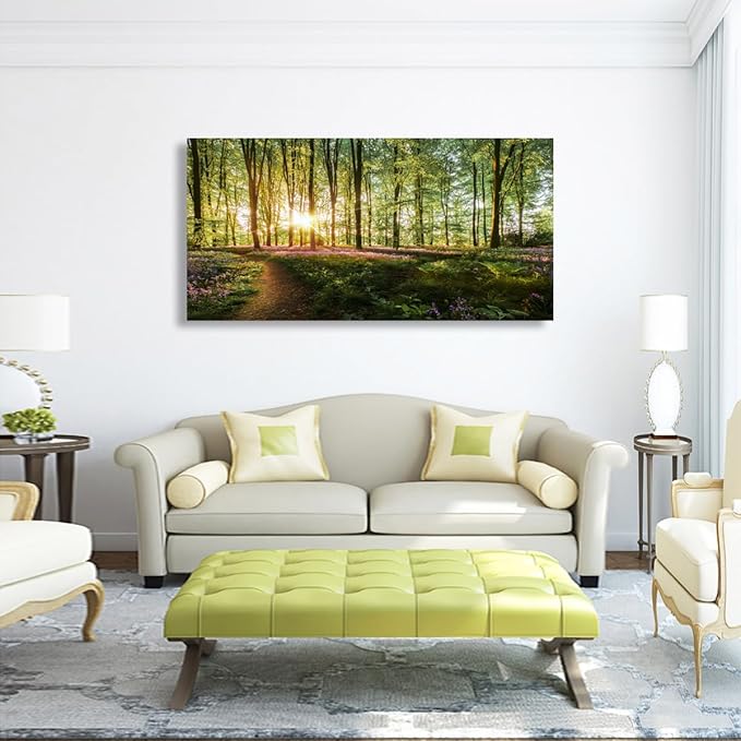 Green Forest Wall Art for Living Room Bedroom Office Large Landscape Nature Tree of Life Canvas Wall Art Kitchen Sunlight Grass Purple Flower Pictures Modern Wall Decor Paintings Artwork 20 * 40inch