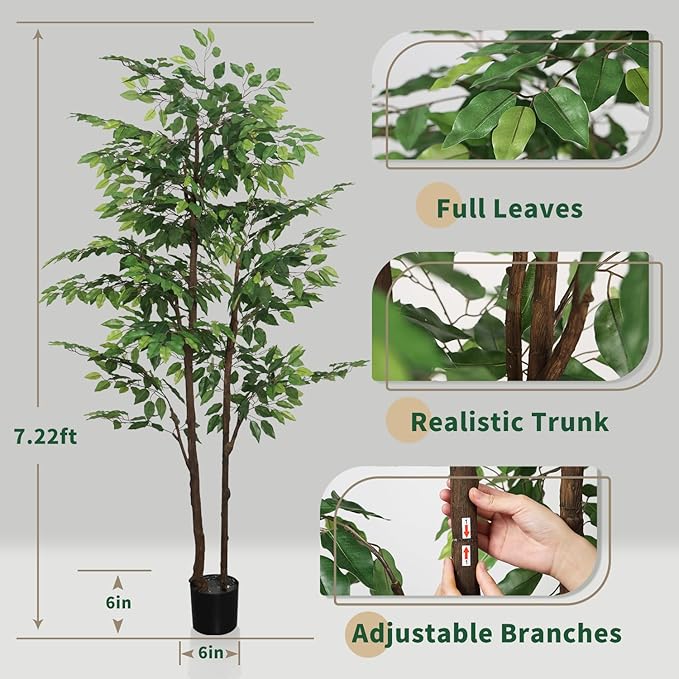 Artificial Ficus Tree 7ft(84in) Faux Floor Potted Tree for Indoor Decor Large Realistic Trees Plants with Silk Leaves and Natural Wood Trunk for Home Living Room,Office Foyer Decor.