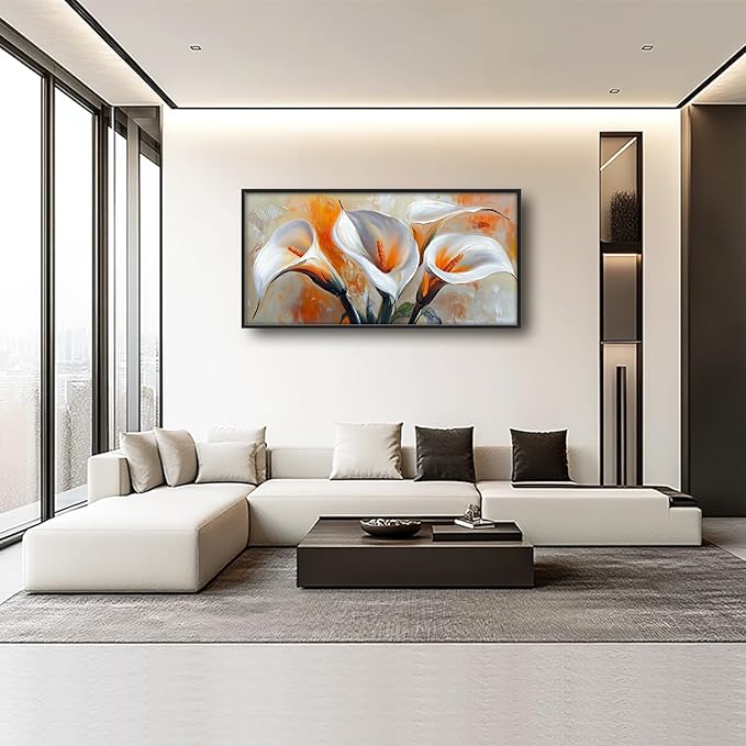 Calla Lily Framed Wall Art for Living Room, Large Calla Flower Canvas Wall Decor, White Florals Pictures Painting, Modern Artwork for Bathroom Bedroom 60L'' × 30W''
