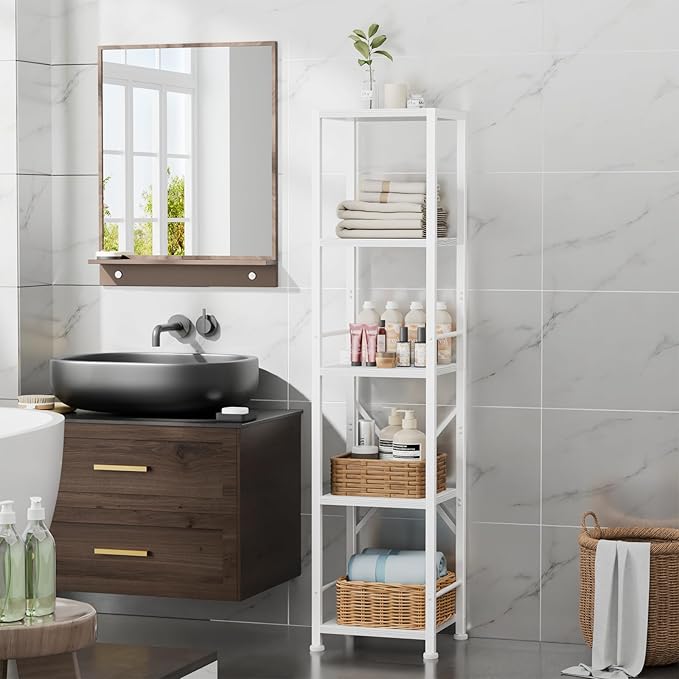 Furologee 5 Tier White Bookshelf, Tall Narrow Bookcase for Small Space, Modern Freestanding Shelf, Metal and Wooden Display Storage Shelves for Bedroom, Living Room, Office