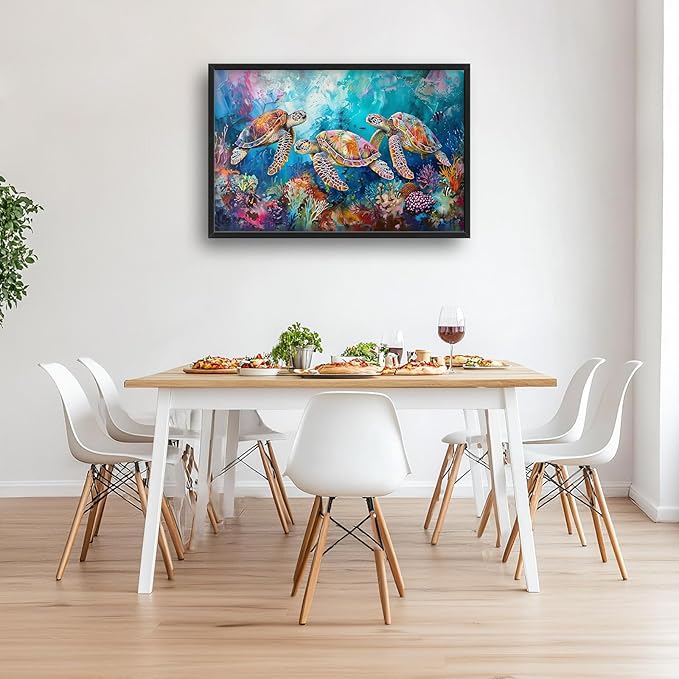 Sea Turtle Large Framed Wall Art Coastal Ocean Nautical Pictures Oversized Colorful Undersea Wall Decor Coral Reef Canvas Print Painting Aesthetic Modern Artwork for Living Room Bedroom Office Bathroom Home Decor 36L"x24W"