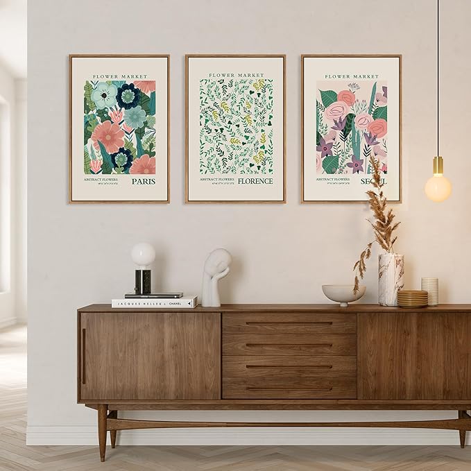 HPINUB Flower Market Framed Canvas Wall Art Set, Colorful Botanical Flowers Wall Decor,Modern Floral Boho Art Print for Living Room, Bedroom Office Decor-16 x24 x3