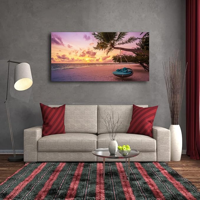 Purple Beach Palm Pictures Canvas Wall Art For Living Room Bedroom Wall Decor,Sunset Wall Art Print Paitnings For Home Decor,Morden Artwork Coconut Tree Canvas Art Ready To Hang-20x40Inches