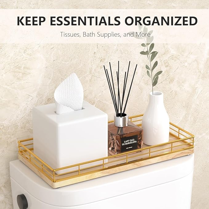 Toilet Paper Basket Organizer – Oak Wood Toilet Tank Tray with Metal Frame, Back of Tank or Top Bathroom Counter Storage – Gold & Oak Modern Decor