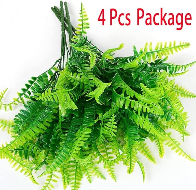 4pcs Outdoor Artificial Plants Fake Boston Fern Plant Artificial Ferns for Outdoor UV Resistant Plastic Plants (4, Green)