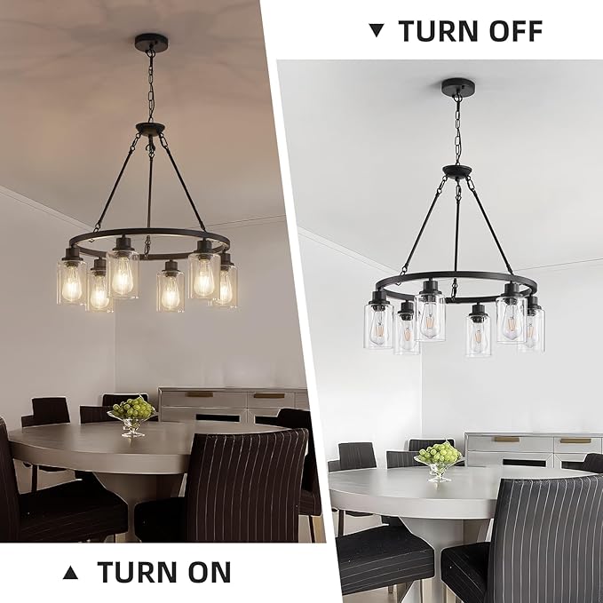 6-Light 24" Modern Farmhouse Chandeliers for Dining Room,Wagon Wheel Black Chandelier,Adjustable Height Hanging Round Pendant Lights for Kitchen Island Clear Glass Shade Ceiling Light fixtures