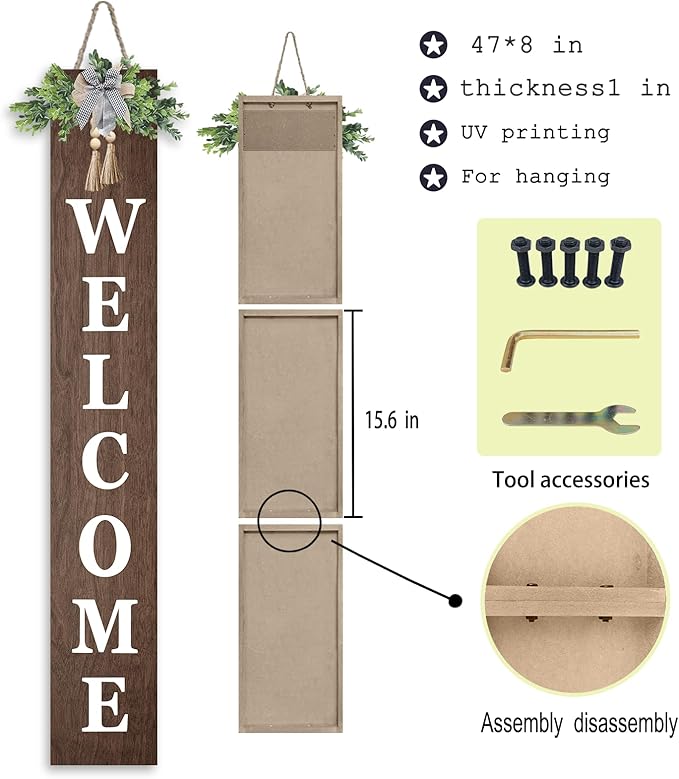 Outdoor Welcome Sign for Front Door Standing 47"X8" Large Farmhouse Wood Framed Tall Leaner Vertical Decor Rustic Home Outside Welcome Sign for Front Porch Decoration (Wood)