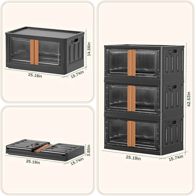 GCCSJ 76Qt Stackable Plastic Storage Boxes with Lids, Foldable Closet Organizers and Storage Containers with Wheels, Collapsible Storage Bins for Home Organization, 3 Pack Black