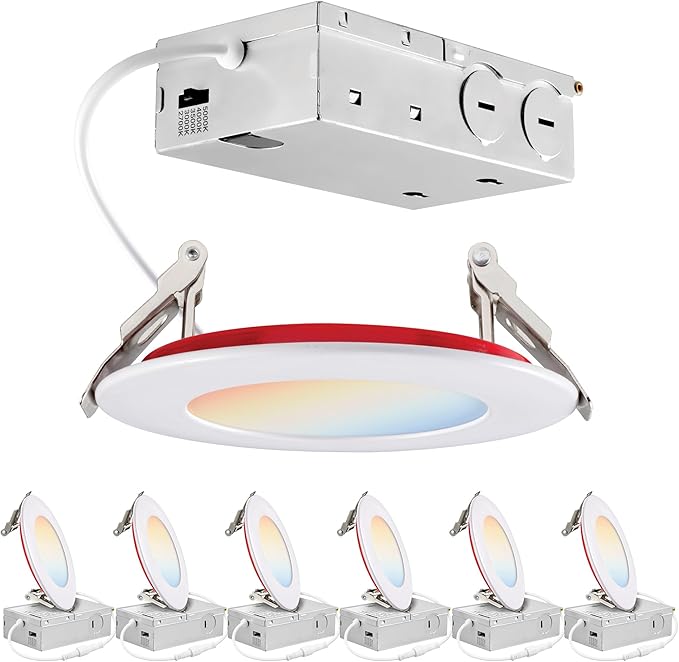 PARMIDA (6 Pack) 4 Inch 2HR Fire Rated LED Recessed Light, ETL, 5 Color Selectable 2700/3000/3500/4000/5000K, 9W Dimmable Ultrathin Canless Wafer Slim Panel Downlight, Wet/IC Rated, No Tenmat Needed