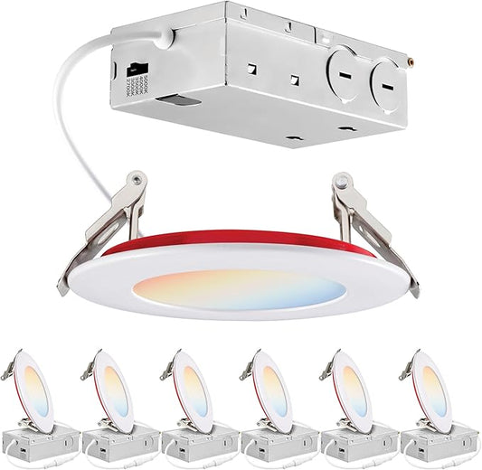 PARMIDA (6 Pack) 4 Inch 2HR Fire Rated LED Recessed Light, ETL, 5 Color Selectable 2700/3000/3500/4000/5000K, 9W Dimmable Ultrathin Canless Wafer Slim Panel Downlight, Wet/IC Rated, No Tenmat Needed