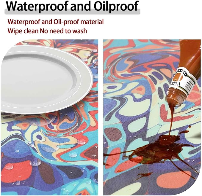 Waterproof Fitted Round Tablecloth Boho Table Cloth Summer Fall Outdoor Circle Cover for 48 Inch 45-54" Table Dining Kitchen Apartment Essentials Picnic Camping Party Decor Housewarming Gift