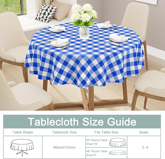 misaya Round Waterproof Vinyl Table Cloth, Buffalo Flannel Backed Tablecloth, Wipeable Plastic Table Cover for Dinner, Kitchen, Picnic (60", White and Blue)