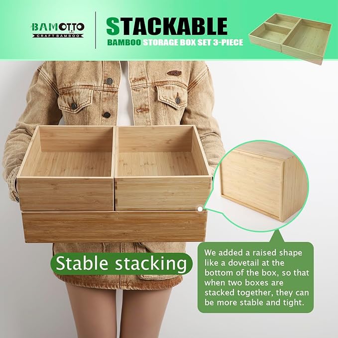 3-Piece Large Bamboo Storage Box Set, 3.9 in High, Stackable Deep-Drawer Organizer for Kitchen Cutlery, Cookware, Utensils & Knives, Lidless Wooden Bin (14.6"x10.2"*1+10.2"x7.3"*2)