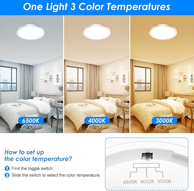 Peasur 12 Inch LED Ceiling Light Brushed Nickel, 24W Slim Flush Mount Ceiling Light 3000K/4000K/6500K Adjustable, Modern Round Ceiling Lighting for Bedroom, Living Room, Kitchen(2 Pack)