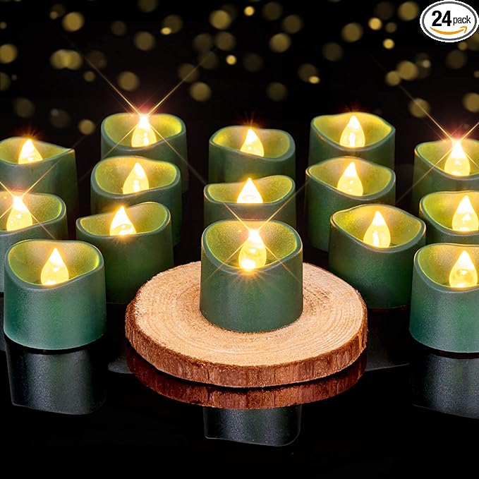 Homemory 24Pcs Green Tea Lights Battery Operated, Flameless Flickering Green Candles, Holiday Candles for Christmas, Home Decor, Theme Party