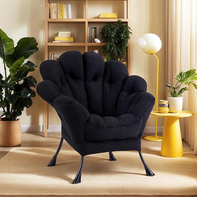 Lazy Chair, Modern Floral Reading Chair with Folding Footrest, Lounge Accent Chair, Comfortable Oversized Armchairs for Bedroom, Living Room, Courtyard, Black