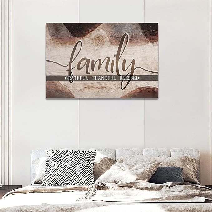 Large Family Wall Art Family Word Sign Pictures Wall Decor Home Quotes Grateful Thankful Blessed Canvas Painting Print Decor Artwork Framed for Living Room Bathroom Master Bedroom Dining Room 24"x16"