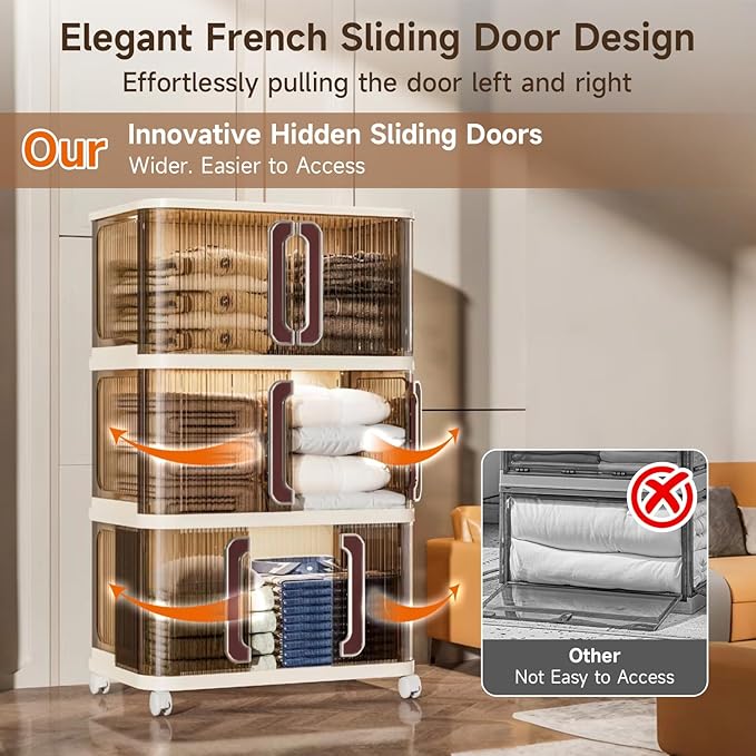 217Qt Plastic Storage Bins with Lid, Stackable Storage Bins with Wheels & Sliding Door, Collapsible Storage Box for Closet Organizers and Storage Box for Home and Office, Coffee, 4 Pack