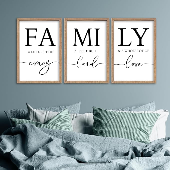 SRSZHIYUE Family Wall Art A Little Bit Of Crazy Loud Sign Wall Decor Art Set of 3 16"×11" Prints Wood Framed for Large Rustic Farmhouse Minimalist Living Room Entryway Wall Hanging (Wood)