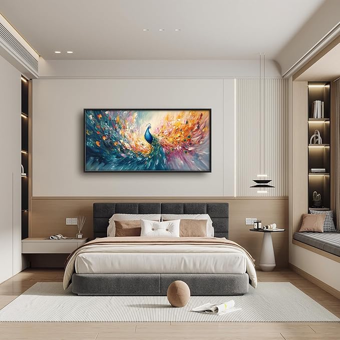 Flintis Large Colorful Peacock Framed Wall Art Peacock Feathers Pictures Wall Decor Abstract Animal Canvas Painting Print Artworks Decor Framed for Living Room Bathroom Master Bedroom 60L X 30W