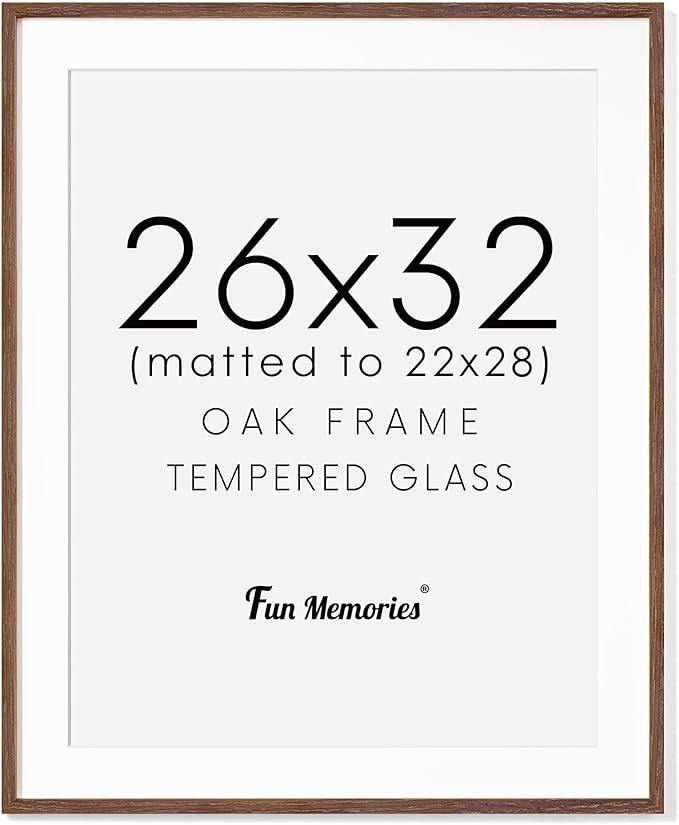 Oak Wood Frame 26x32 with Tempered Real Glass and Mat for 22x28 (Walnut Color, 1 Pack)