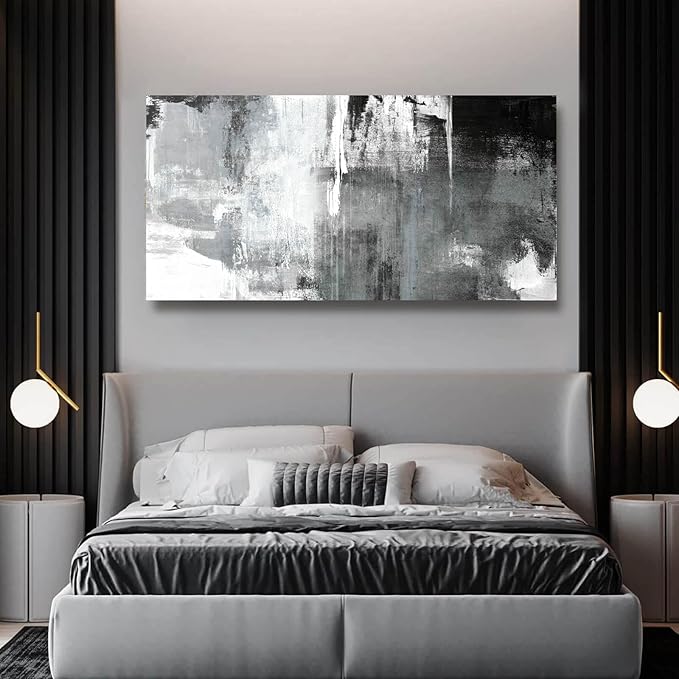 Kureful Black And White Wall Paintings Abstract Wall Decorations Canvas Prints Poster Wall Art 24”x48” Home Decor Grey Artwork Painting Pictures for Living Room Dinning Room