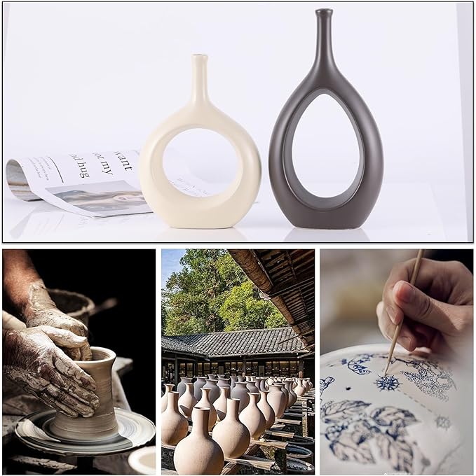 Brown White Vase Ceramic Off White Vases Home Decor,Modern Minimalist Circle with Hole Decorative Vase, Hollow Ellipse Flower vases for Bookshelf, Fireplace Mantle, Centerpieces,Farmhouse,Rustic Décor