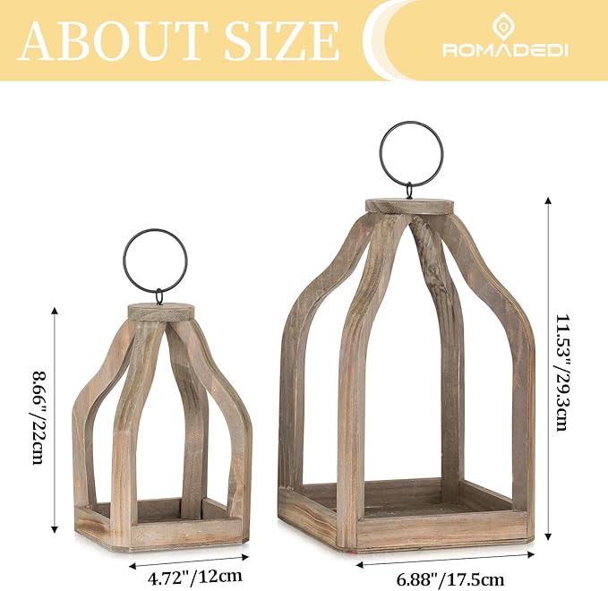 Romadedi Farmhouse Decorative Lantern Wooden - Set of 2 Rustic Wood Lanterns Candle Holder for Wedding Table Centerpieces Indoor Outdoor Fireplace Mantle Home Decor, Brown