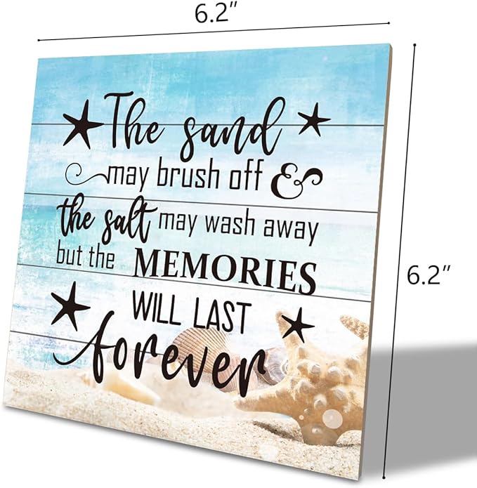 Beach Wood Sign, “The Sand May Brush Off the Salt May Wash Away but the Memories Will Last Forever”, Wooden Plaque Table Art Sign, Ocean Theme Home Decorations, Coastal House Decor, Family Sign H