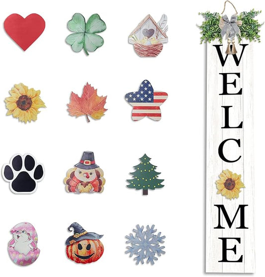 Interchangeable Outdoor Welcome Sign for Front Porch Standing 47"×8" Set of 3 Large Wood Frame with 12 Pcs Icons Vertical Tall Leaner Outside Welcome Sign for Front Door Decor (White)