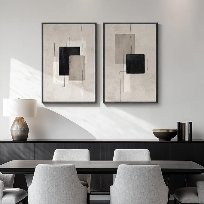 Framed Neutral Abstract Wall Art Set of 2, Black Beige Modern Canvas Prints Paintings Artwork for Walls, Minimalist Block Lines Pictures for Living Room, Dining Room, Bedroom Wall Decor 16x24 In