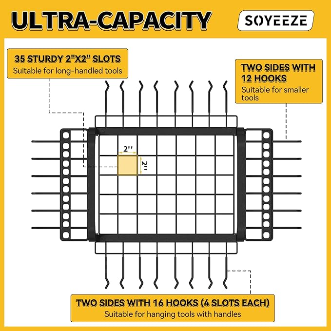 SOYEEZE Garden Tool Organizer with Lockable Wheels, 3-Tire Heavy Duty Yard Tower Tool Rack for Garage, Up to 35 Long-Handled Tools, Garden Tool Cart with 12 Hooks for Tool Organization and Storage